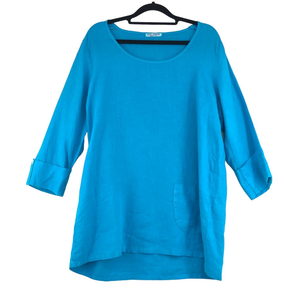 Russ Berens Size M Linen Top Tunic Pocket Pullover USA Tab Sleeve Capri Blue